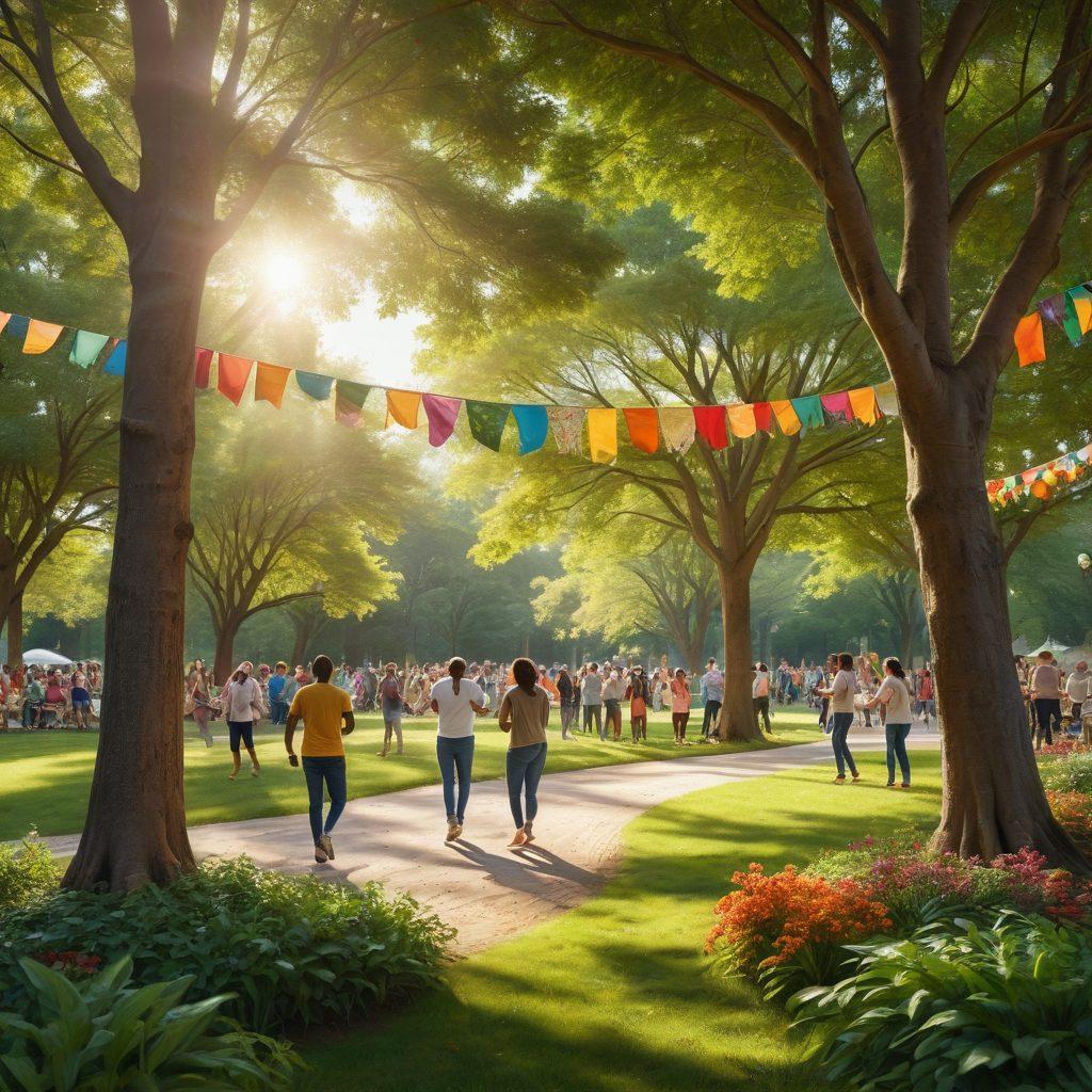 A colorful gathering of diverse individuals in a park setting, engaging in joyful activities like dancing, sharing food, and laughing together, surrounded by nature. There are banners promoting connection and community, and soft sunlight filtering through the trees, symbolizing warmth and support. Emphasize the contrast between solitude and the vibrant celebration of togetherness. super-realistic. vibrant colors. 3D.
