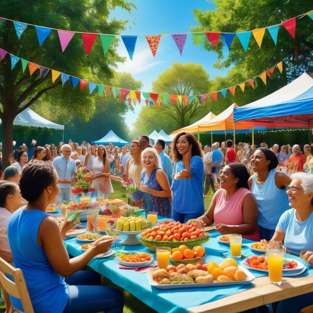 A diverse group of people of various ages and backgrounds joyfully engaging in a vibrant community event, surrounded by colorful decorations and uplifting banners that symbolize celebration and wellness. Some people are laughing, others dancing, while a table displays healthy snacks and drinks. The background features a serene park setting with bright flowers and blue skies, emphasizing positivity and connection. The overall atmosphere is festive, warm, and inviting. super-realistic. vibrant colors.
