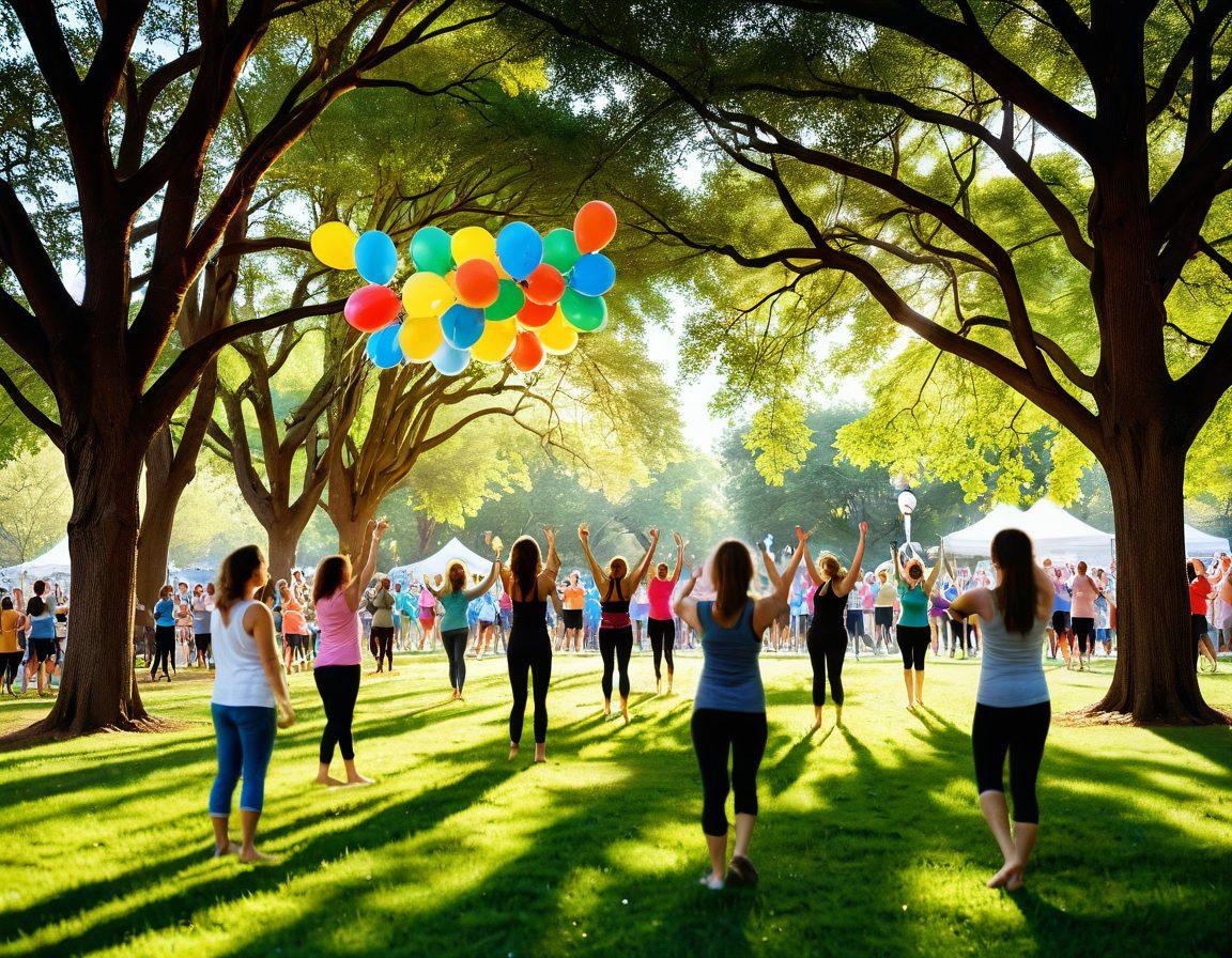 A lively gathering of diverse individuals laughing and sharing experiences in a park setting, surrounded by colorful decorations like balloons and streamers. People engaging in activities such as yoga, dancing, and group games, symbolizing friendship and wellness. Soft sunlight filtering through trees, creating a warm and inviting atmosphere. super-realistic. vibrant colors. cheerful mood.